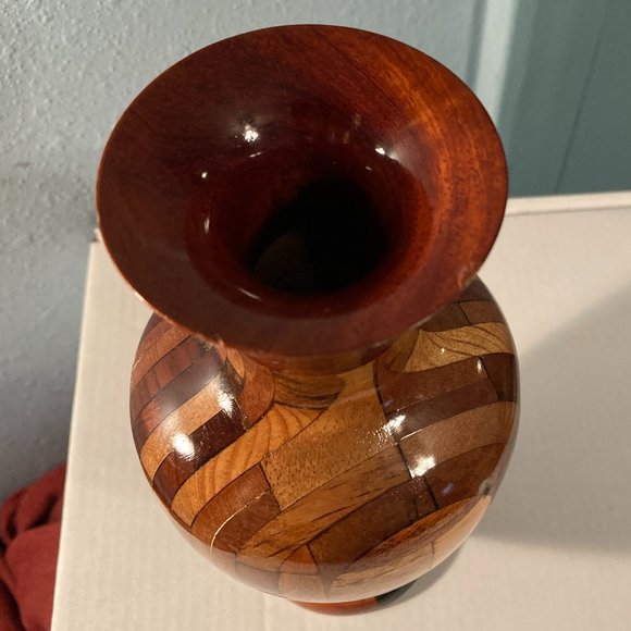 VTG Hand Turned Studio Marquetry Wooden Vase-7.25" H-Multicolored Patterns-VGUC - Picture 3 of 10
